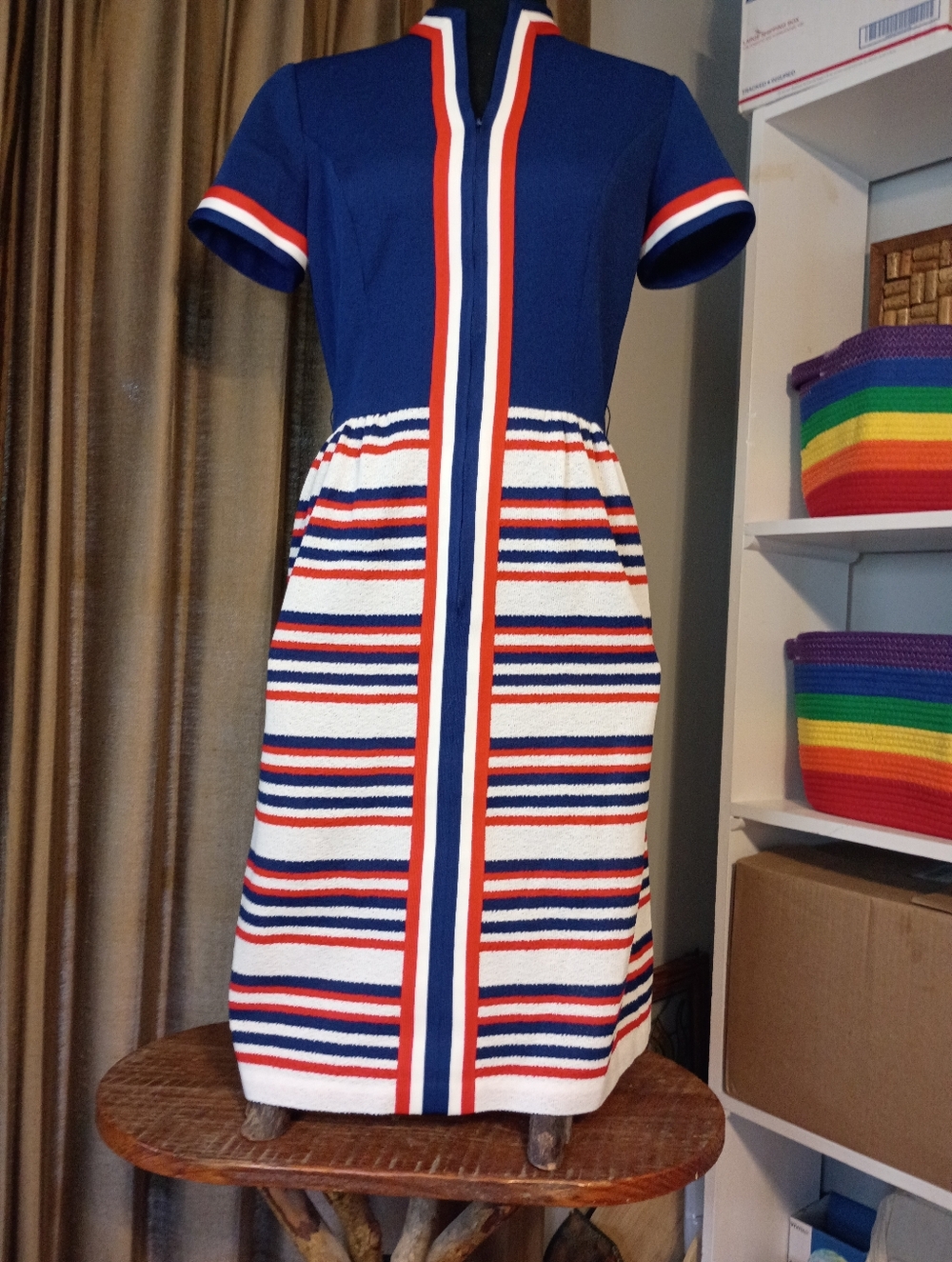 Vintage 60s, 70s Red, White & Blue Striped Knit Dress